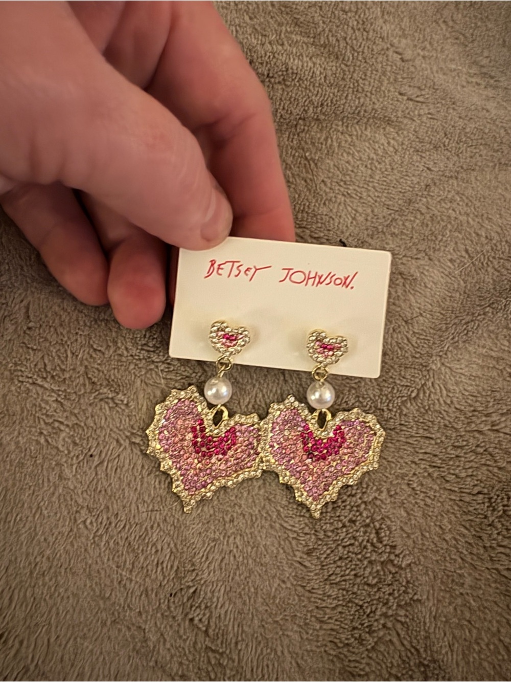 Betsey Johnson Pink Crystal Heart Drop Earrings